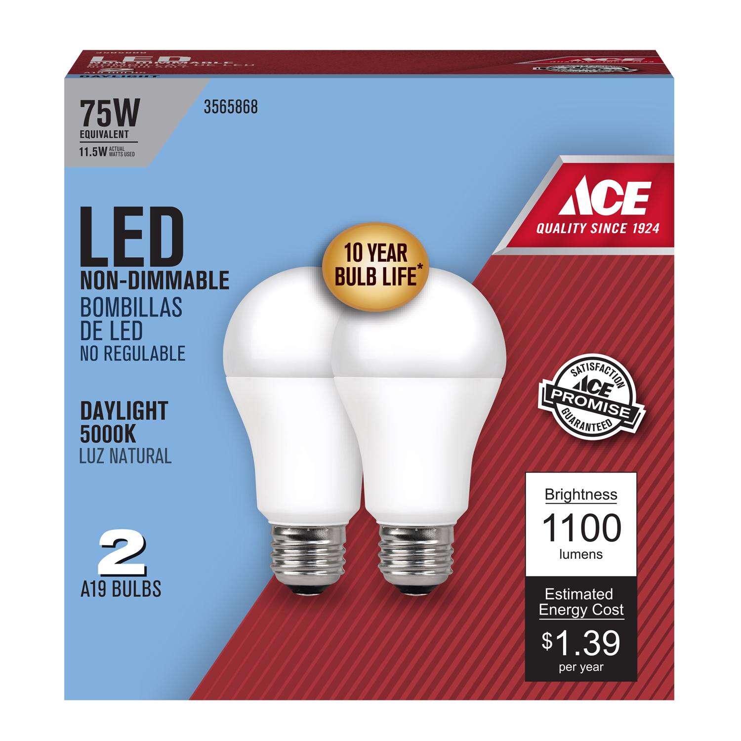 Ace LED Bulb Daylight 75 Watt Equivalence 2 pack Flicker Alliance