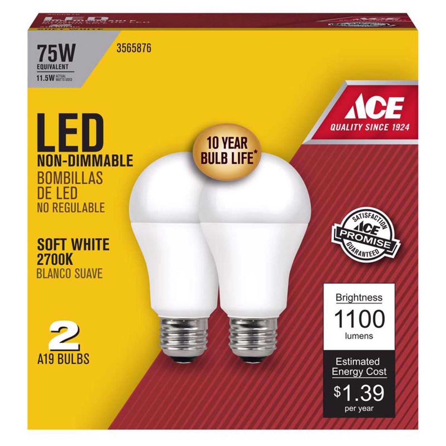 Ace LED Bulb Soft White 75 Watt Equivalence (2 pack)