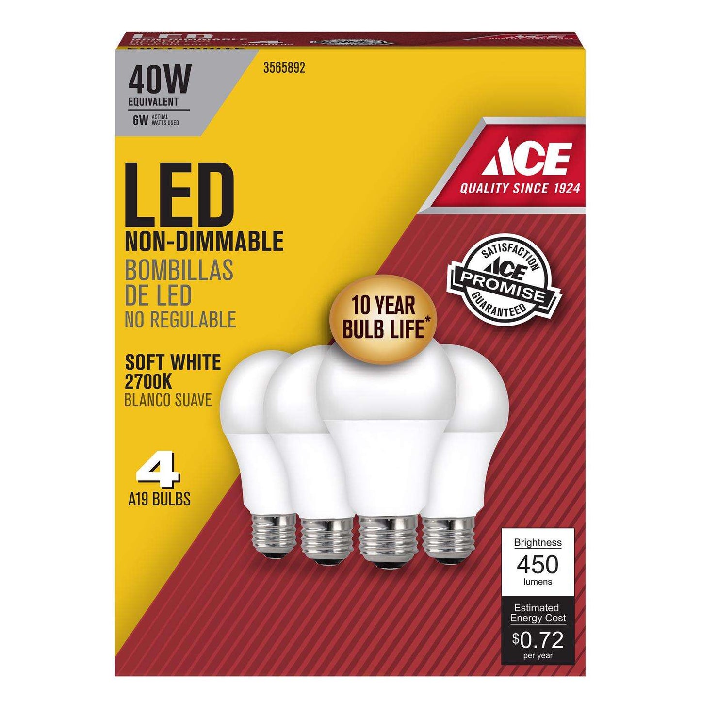 Ace LED Bulb Soft White 40 Watt Equivalence (4 pack)