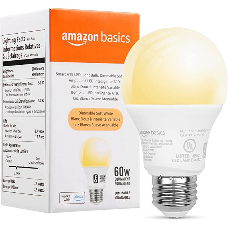 Amazon Basics Smart A19 LED Light Bulb, Dimmable Soft White