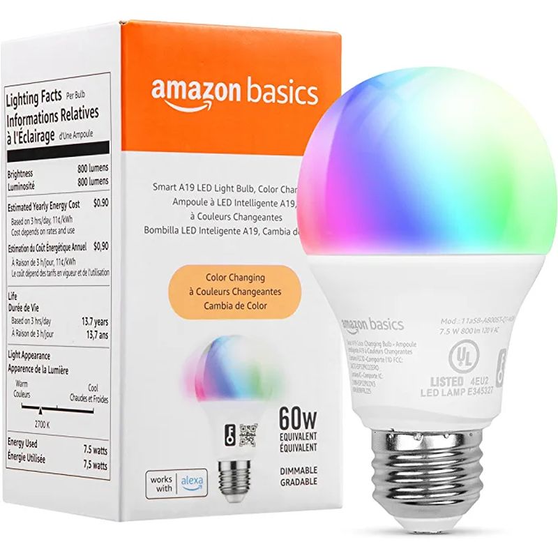 Amazon Basics Smart A19 LED Light Bulb, Color Changing