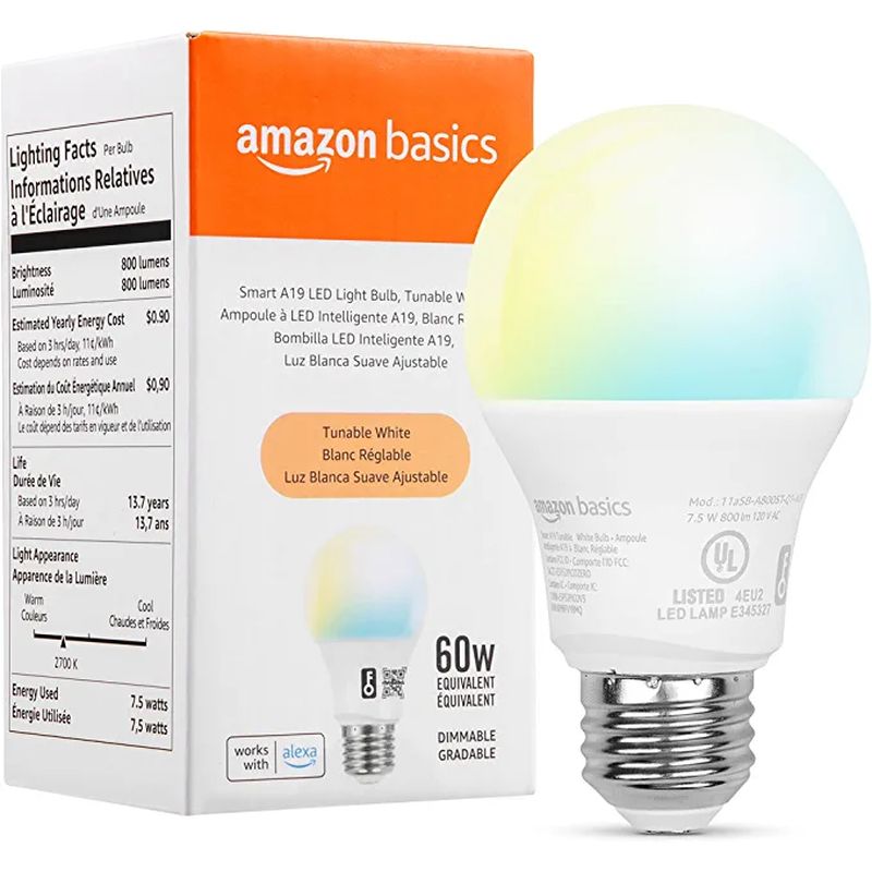 Amazon Basics Smart A19 LED Light Bulb, Tunable White