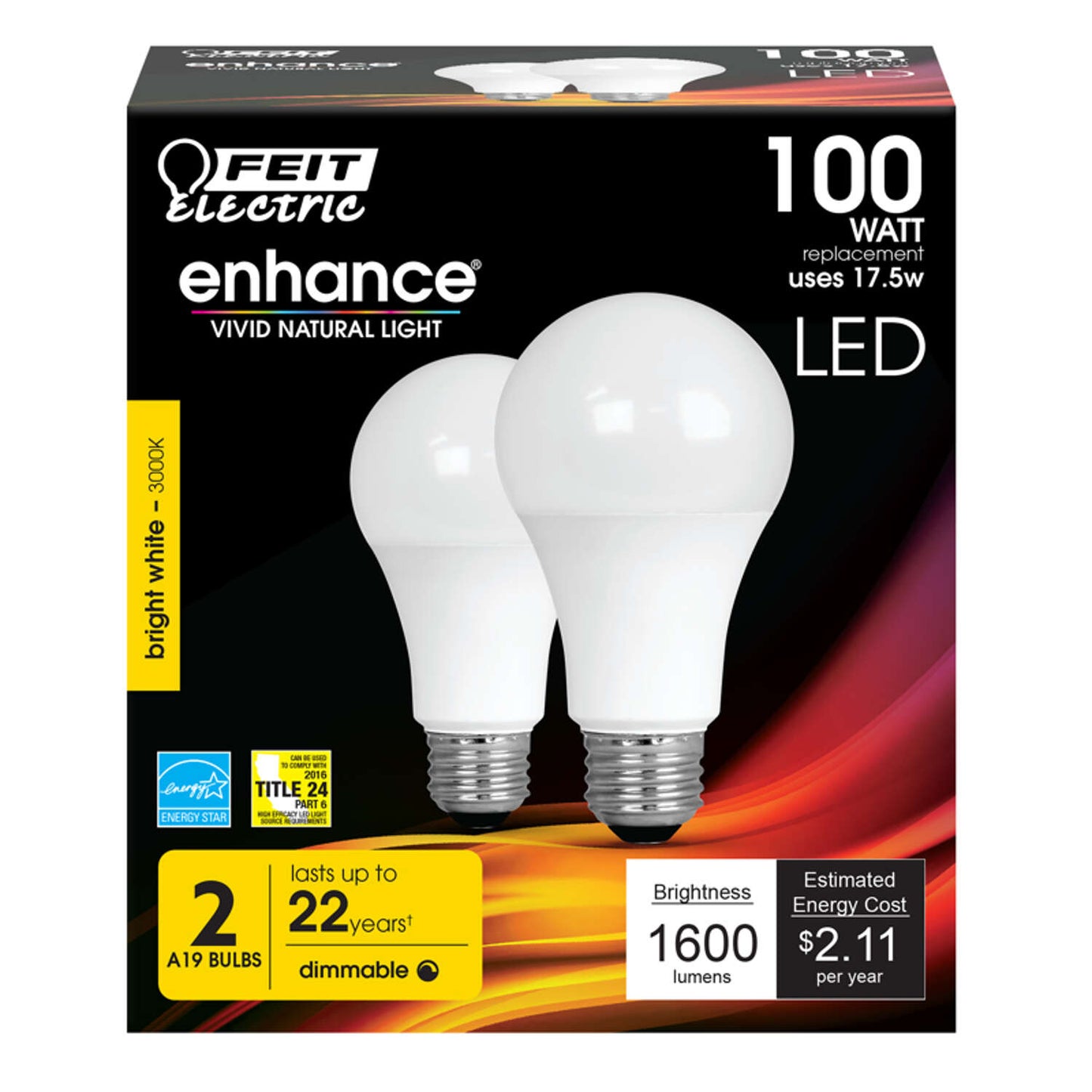 Feit Electric Enhance LED Light Bulb 100W Replacement, Bright White, Dimmable (2 pack)