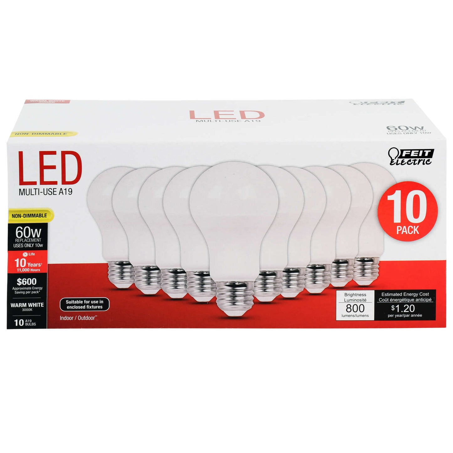 Feit Electric Multi-Use LED Light Bulb 60W Replacement, Bright White (10 pack)