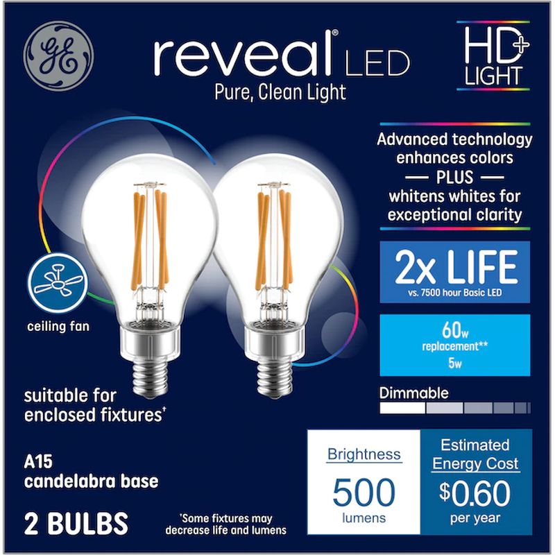 GE Reveal 60W EQ A15 Color-Enhancing Dimmable LED Light Bulb (2 pack)