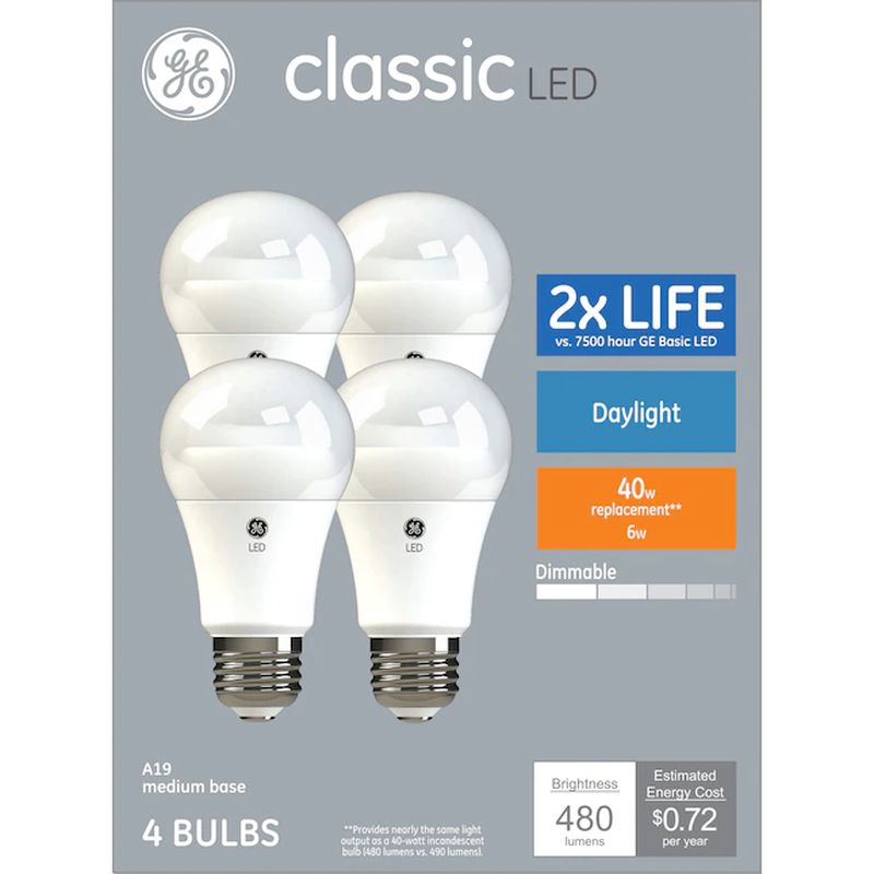 GE Classic Plastic 40W EQ A19 Daylight Dimmable LED Light Bulb (4 pack)