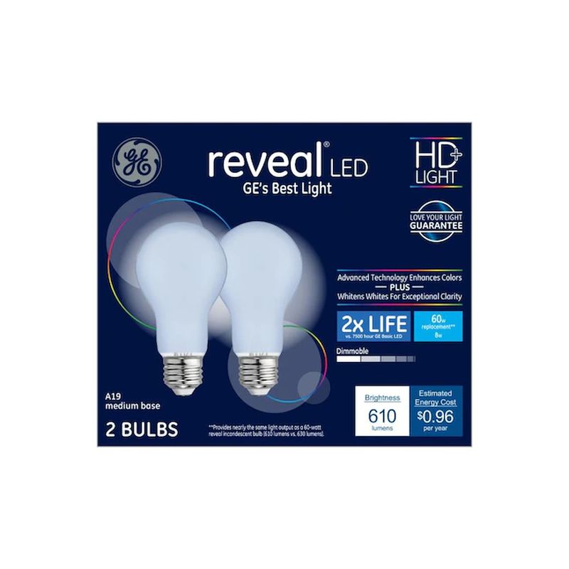 GE Reveal 60W EQ A19 Color-Enhancing Dimmable LED Light Bulb (2 pack)