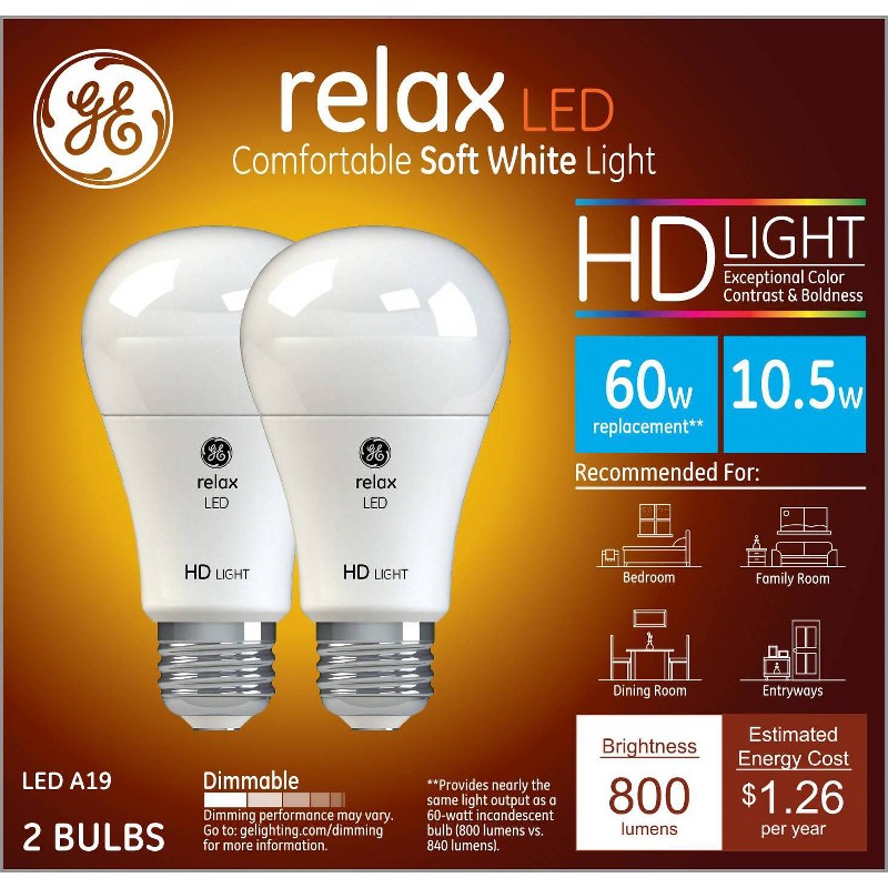 GE Relax HD LED Light Bulbs Soft White 60W (2 pack)