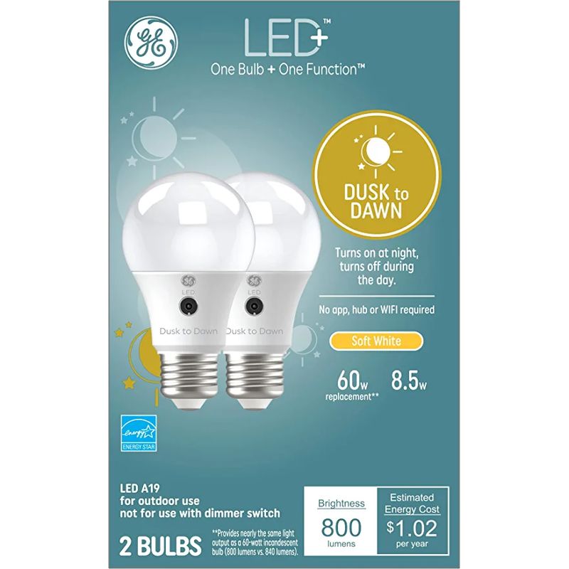 GE LED+ Dusk to Dawn Outdoor Light Bulbs, Sunlight Sensors (2 pack)