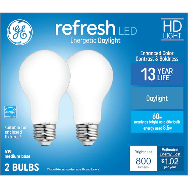 GE Refresh 60W EQ A19 Daylight Dimmable LED Light Bulb (2 pack)