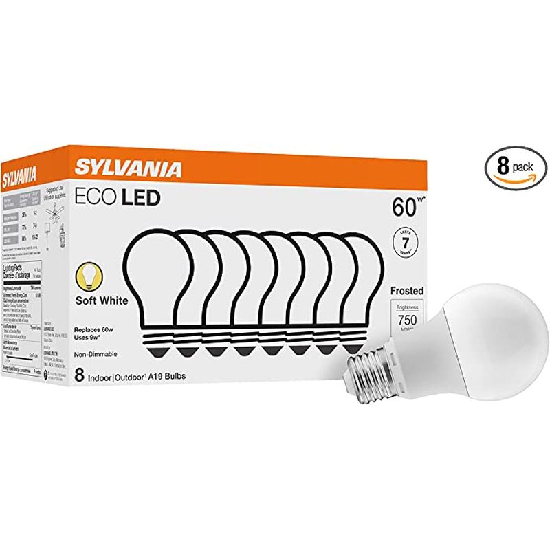 SYLVANIA ECO LED A19 Light Bulb, 60W Equivalent, Soft White (8 pack)